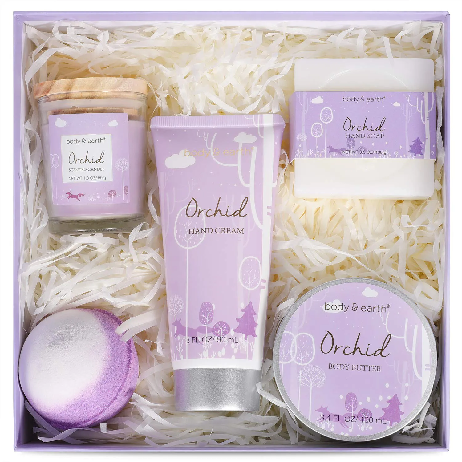 Bath Gifts for Women - Gift Set for Women Body & Earth 5 Piece Body Spa Bath Set Gift Baskets with Orchid Scented Candle, Body Butter, Hand Cream, Bath Bar and Bath Bomb, Christmas Gift for Women