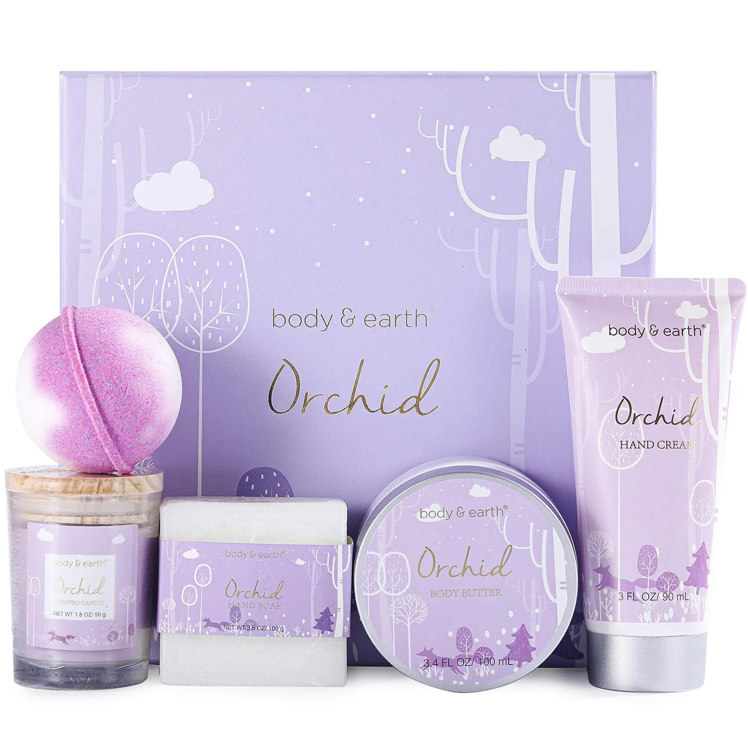 Bath Gifts for Women - Gift Set for Women Body & Earth 5 Piece Body Spa Bath Set Gift Baskets with Orchid Scented Candle, Body Butter, Hand Cream, Bath Bar and Bath Bomb, Christmas Gift for Women