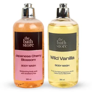 The Bath Store Body Wash Shower Gel Pack of 2 (Wild Vanilla   Japanese Cherry Blossom) | Moisturizing Body Wash For Dry Skin & Oily Skin | Tan Removal Body Wash For women & men - (300 * 2) ml